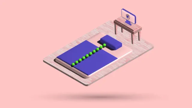 A 3D bedroom seen from above, a spine marked in green dots lying along the mattress