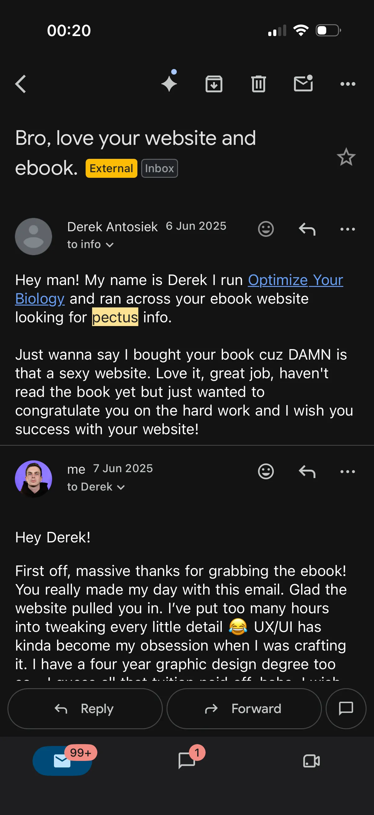 Email from Derek Antosiek (Optimize Your Biology) praising the ebook and website