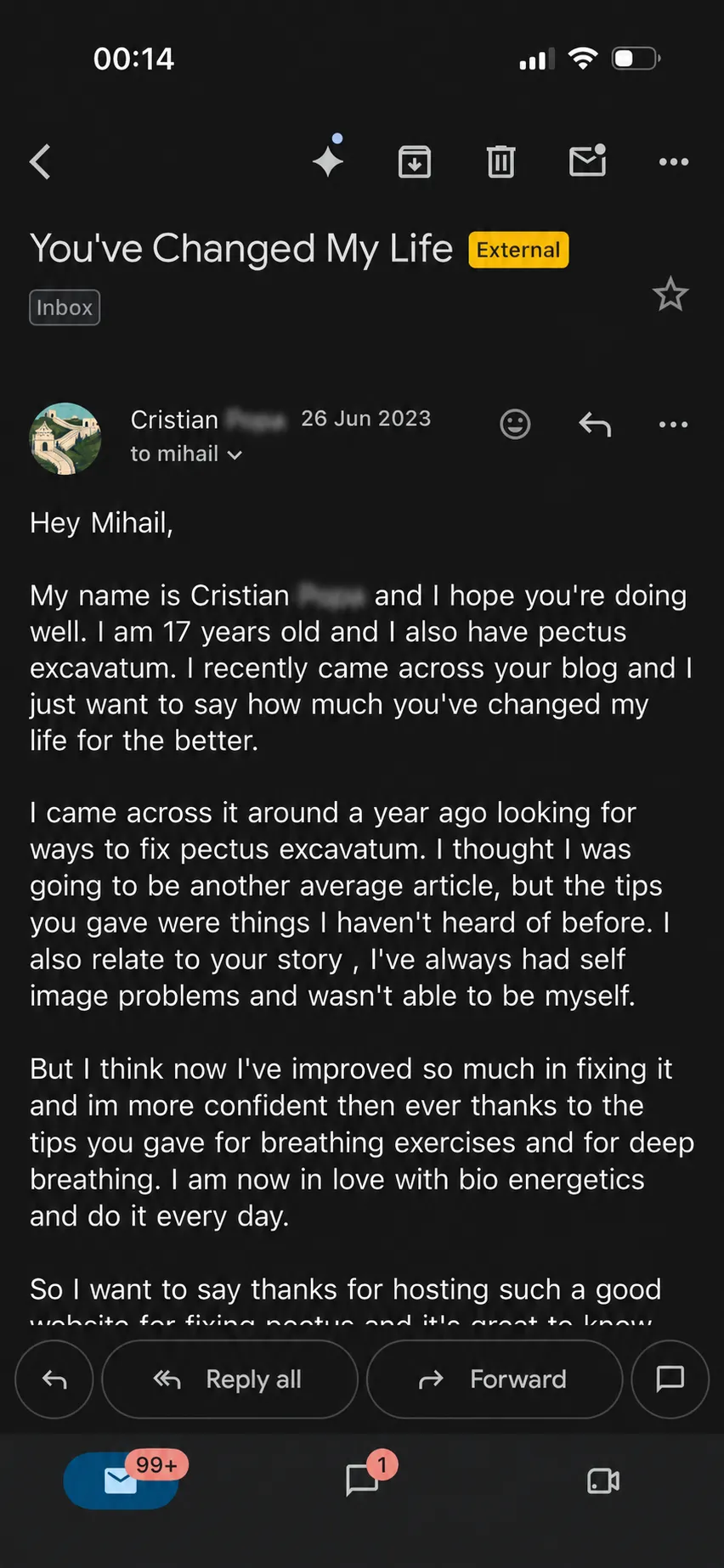 Email from Cristian titled "You've Changed My Life"