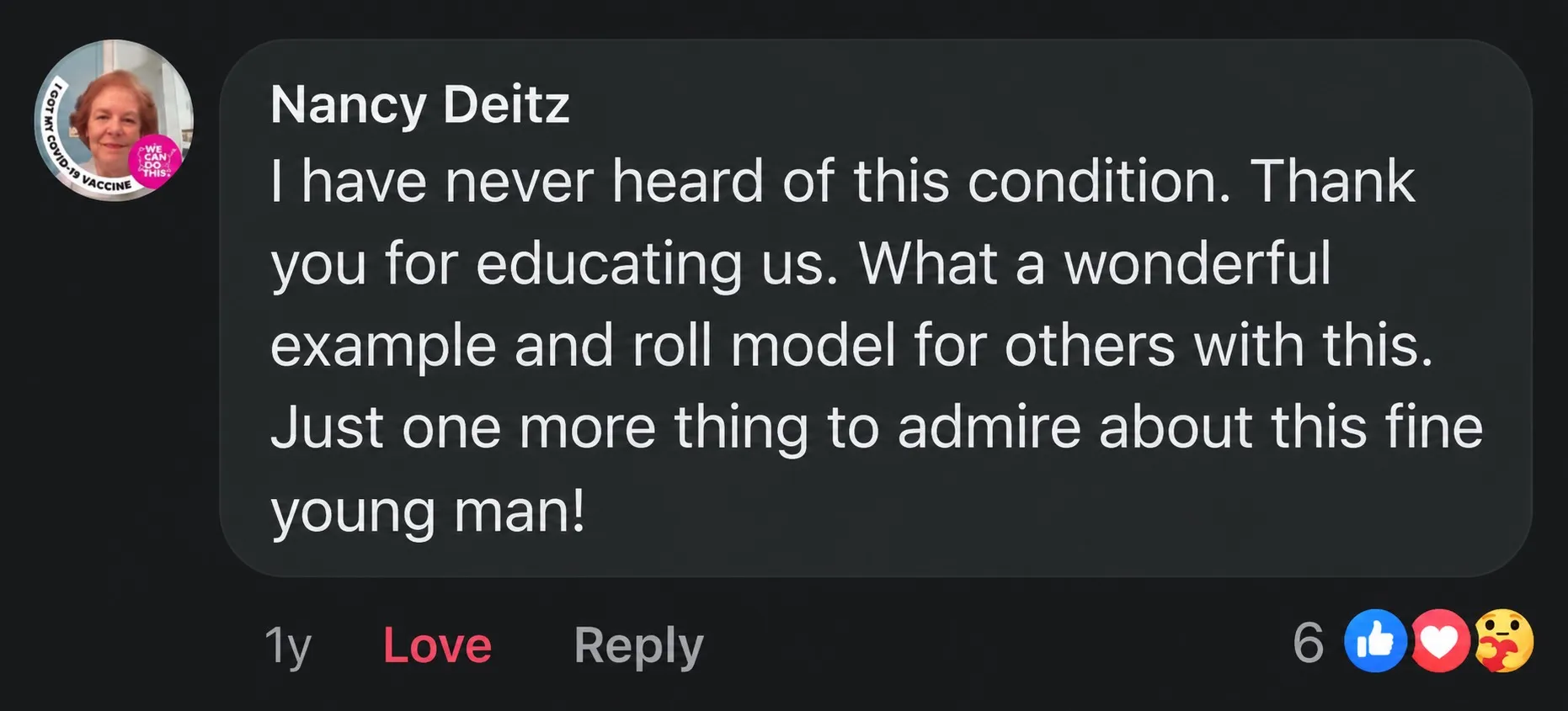 Facebook comment calling Mihail a wonderful role model for raising awareness