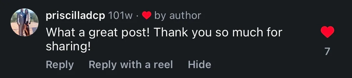 Instagram comment thanking Mihail for a great post