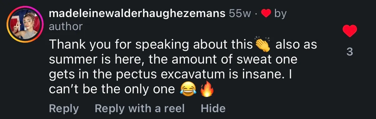 Instagram comment on the struggle of summer sweat with pectus excavatum