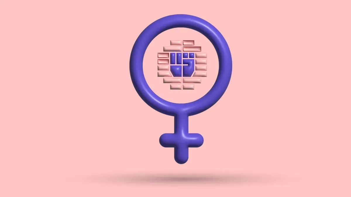 A 3D female symbol with a pixel-art chest inside the ring