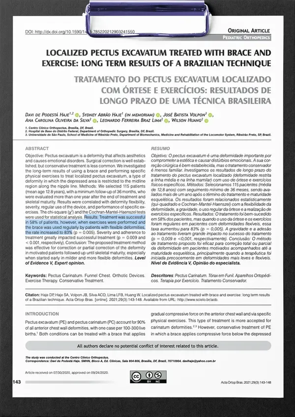 First page of the study: Localized pectus excavatum treated with brace and exercise: long term results of a Brazilian technique