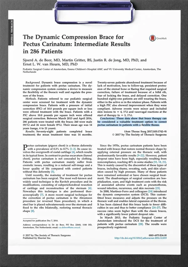 First page of the study: The Dynamic Compression Brace for Pectus Carinatum: Intermediate Results in 286 Patients