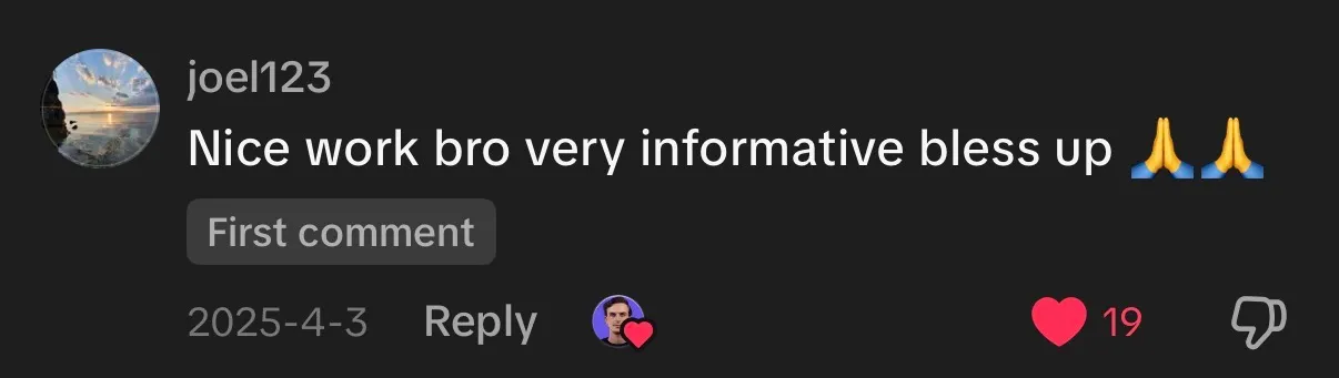 TikTok comment calling the content informative and helpful