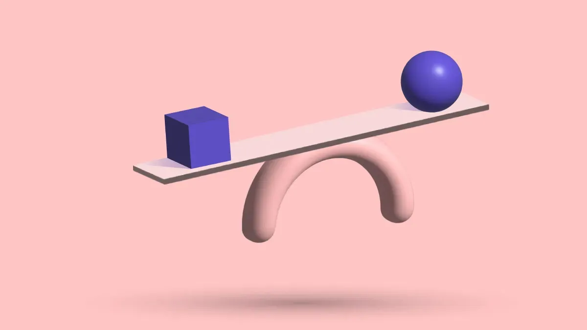 A 3D seesaw tipped out of balance, a cube on the lowered end and a sphere on the raised one