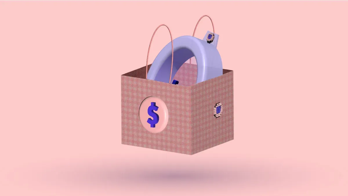 A 3D shopping bag with a vacuum bell inside and a dollar sign on the side