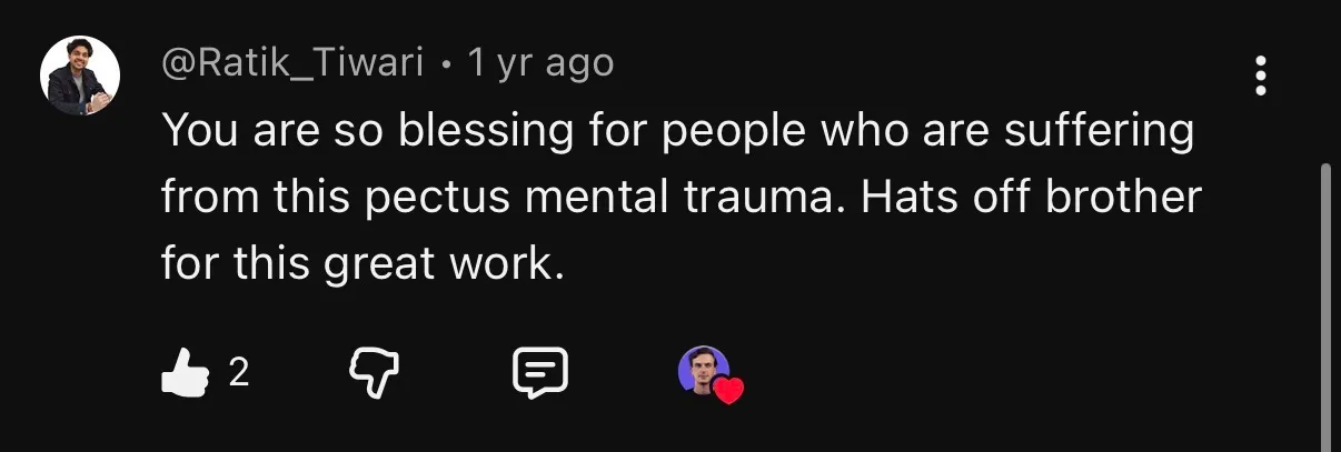 YouTube comment on the mental-health impact of pectus and the value of this work