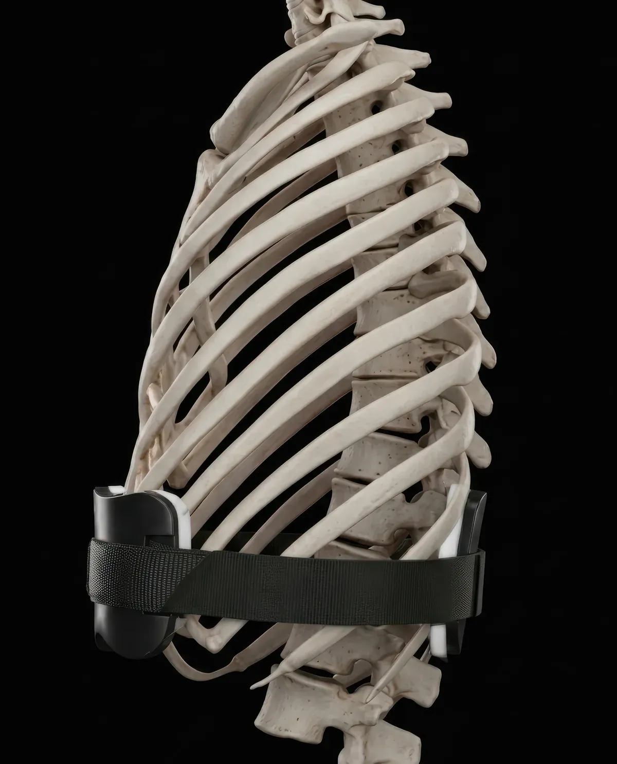 Skeleton side view showing the brace pushing the flared lower ribs back into position
