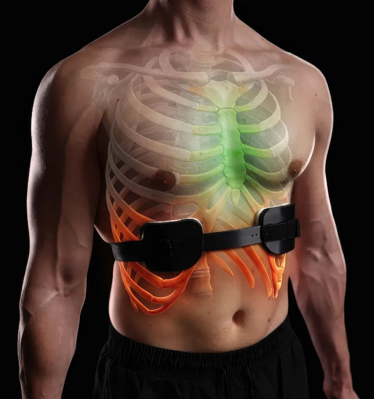 Front view diagram showing the sternum lifting as the brace corrects the flared lower ribs